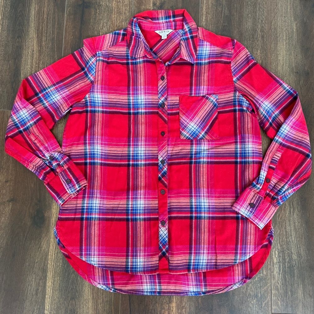 Orvis Women's Classic Collection  Size Large Red Plaid Flannel Button Down Shirt
